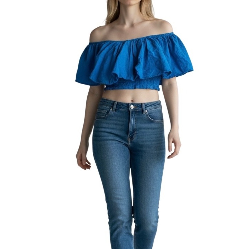 Blanco by Nature Blue Smocked Off the Shoulder Ruffle Crop Top Cotton Small